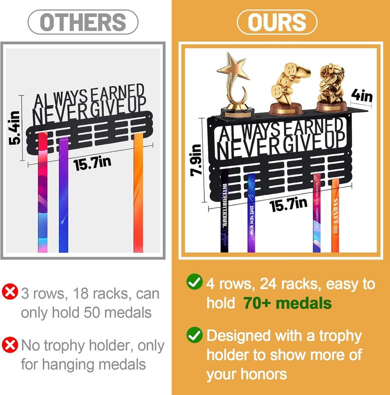 Big Gun Metal Trophy&Medal Display Shelf - Easy to Install Medal Hanger with Trophy Shelf, Holder for Running Race Wrestling Medals - Image 2